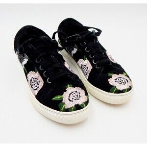 Rebecca Minkoff Bleecker Floral Embroidery Low Top Sneakers Black Suede Size 7.5